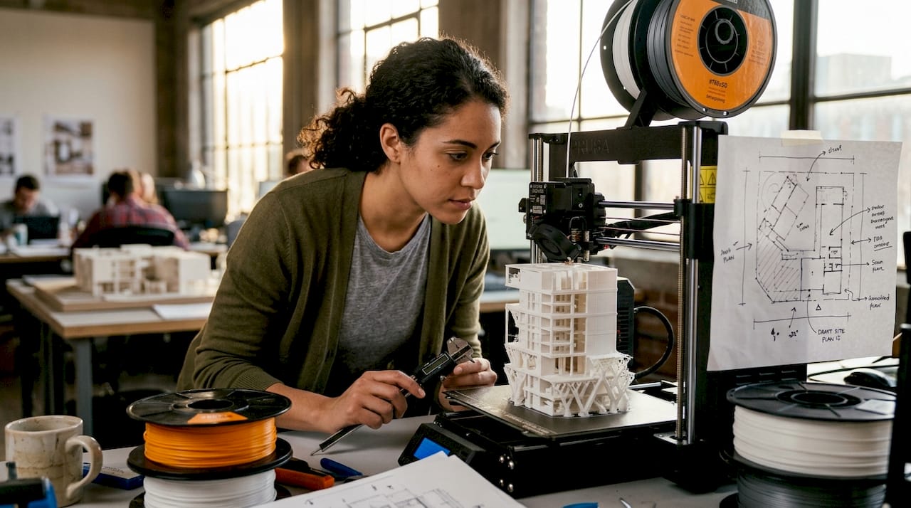 Architect monitors 3D printer making building model