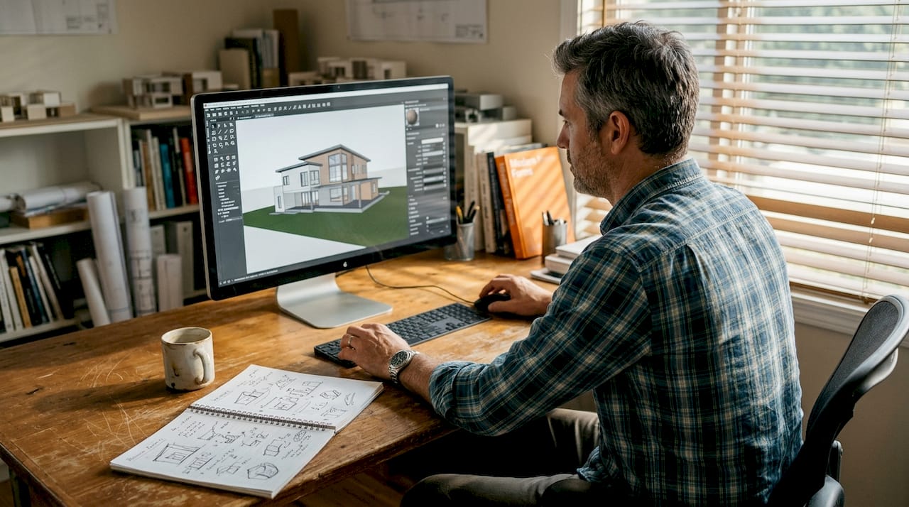 Designer refining 3D architecture textures