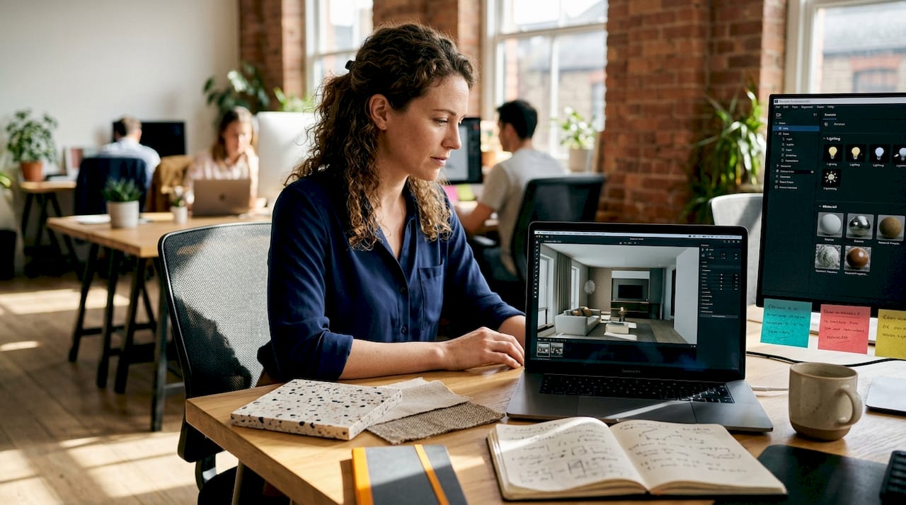 Master rendering software basics for better 3D visualization 1 Designer analyzing lighting and materials settings