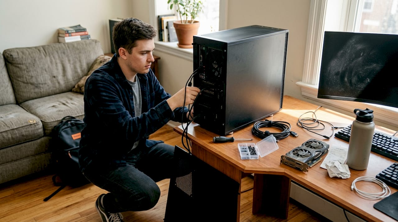Young man assembling powerful computer workstation