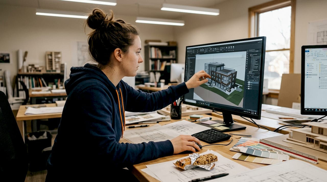 Designer editing architectural 3D render