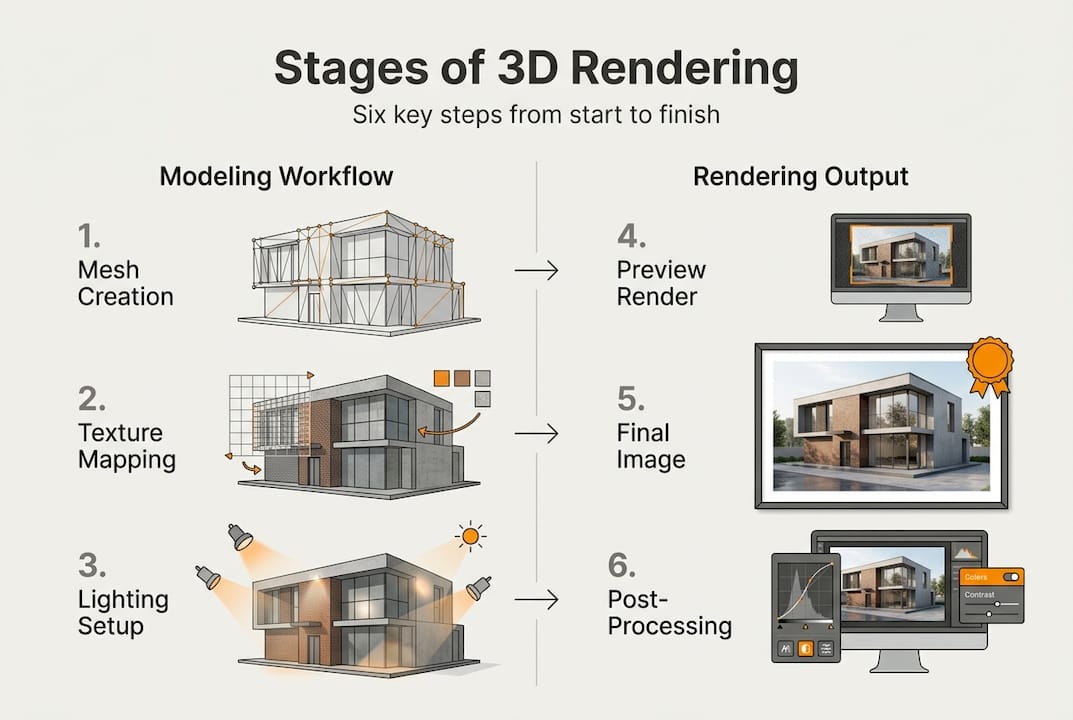 Infographic visualizing 3D rendering workflow