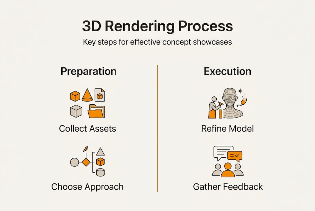 Showcase Design Concepts with 3D Renderings: Complete Guide 2 Infographic summarizing 3D rendering process steps