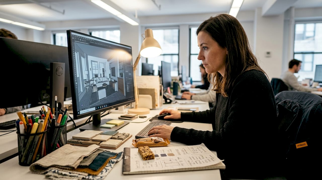 Showcase Design Concepts with 3D Renderings: Complete Guide 1 Designer fine-tuning lighting and materials in workspace