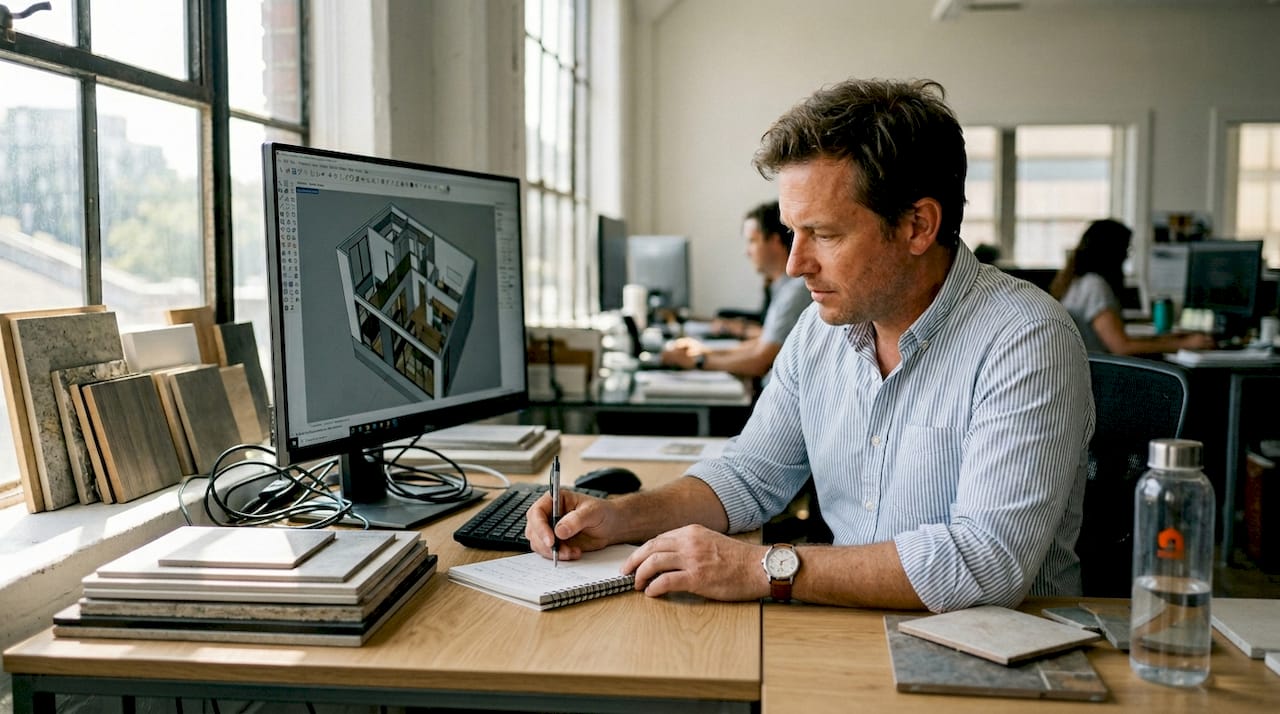 Architect at desk reviewing 3D render workflow