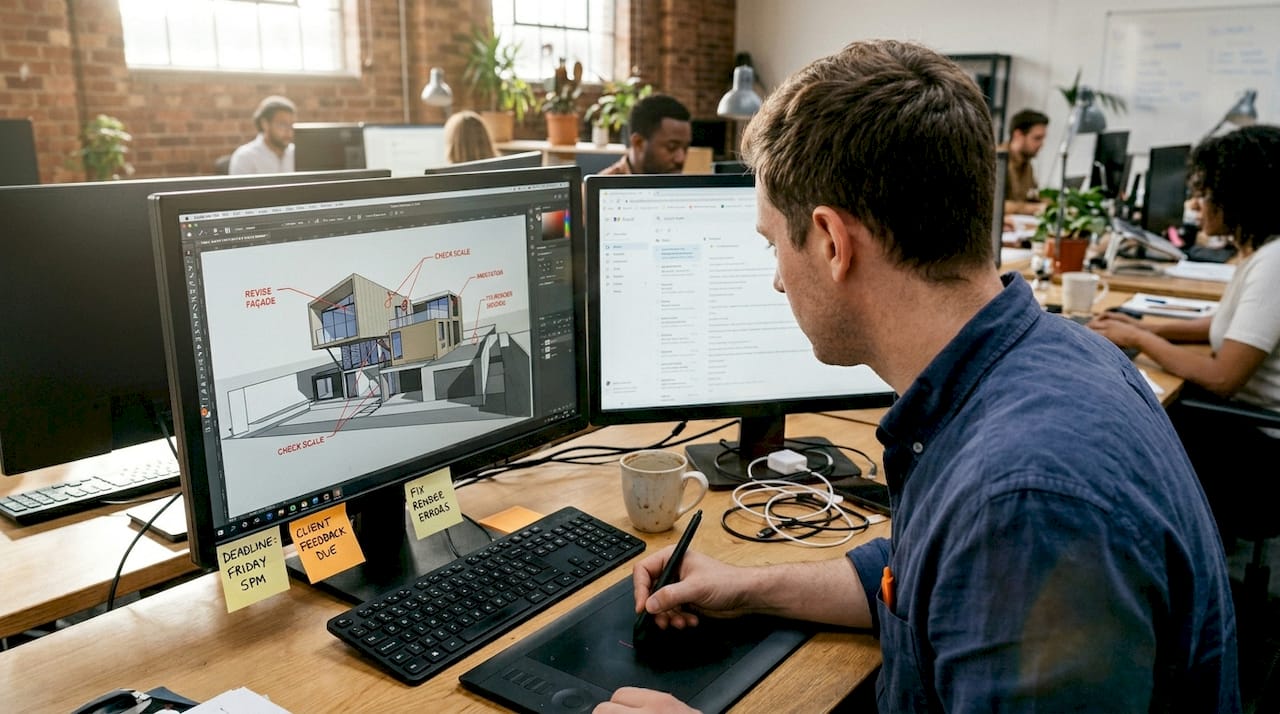 Designer revising 3D render under tight deadline