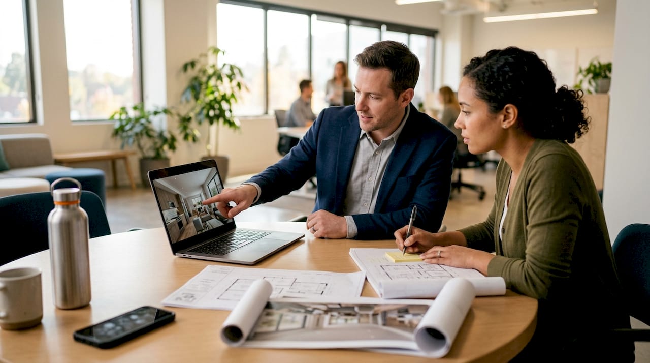 Clients discussing photorealistic architecture design