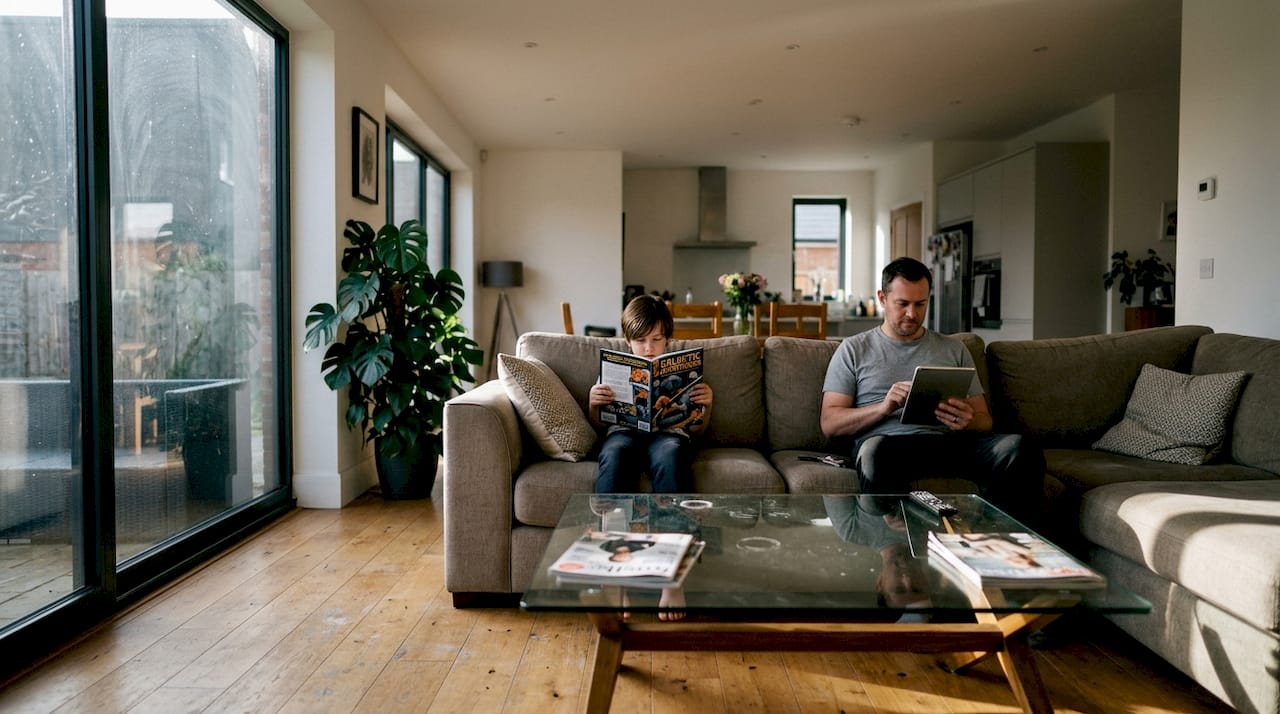 Lifelike family lounging in cozy living room