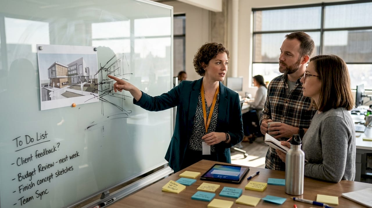 Team reviews conceptual render at workspace