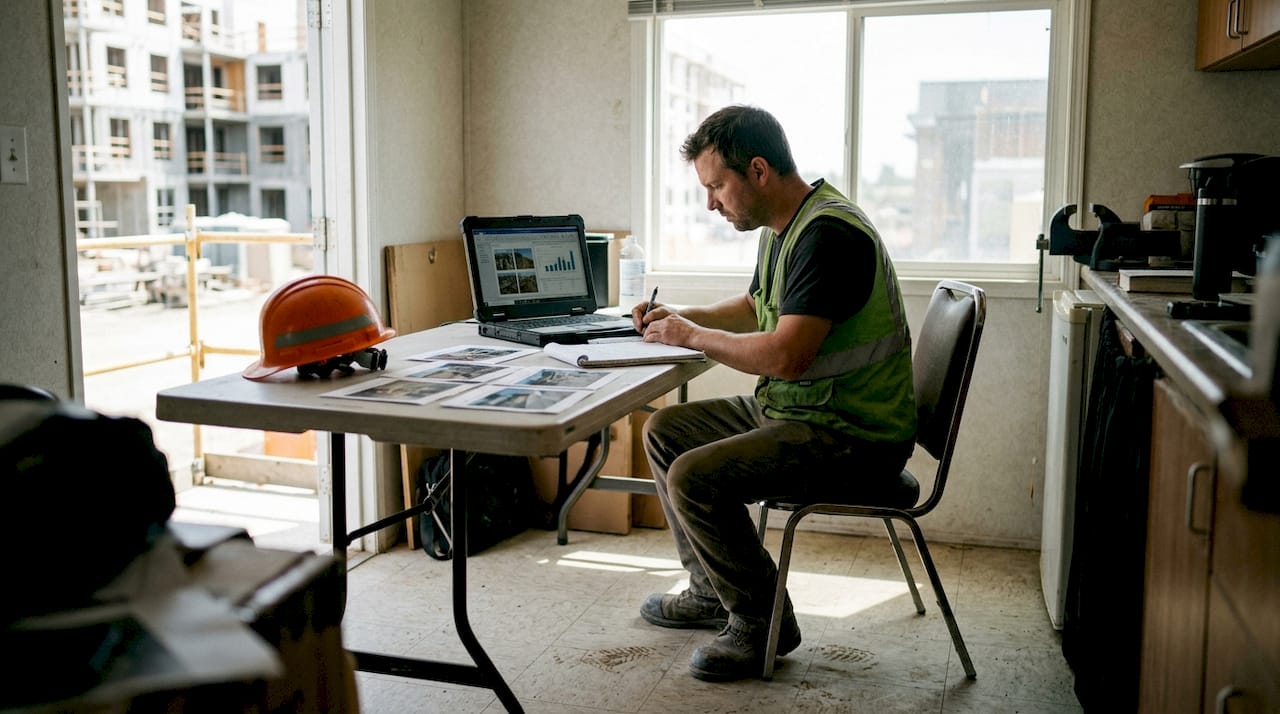 Engineer checks site progress photos on laptop