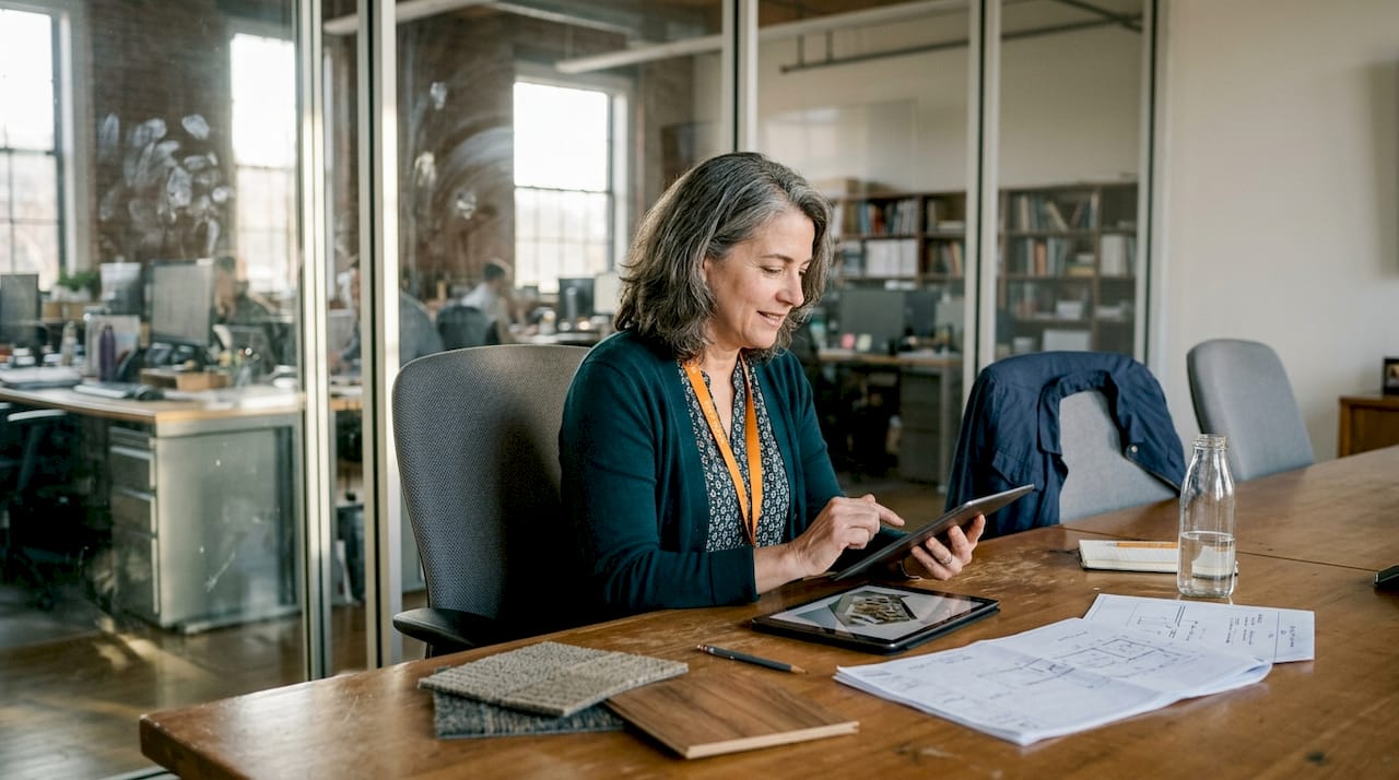 Client interacting with 3D walkthrough on tablet