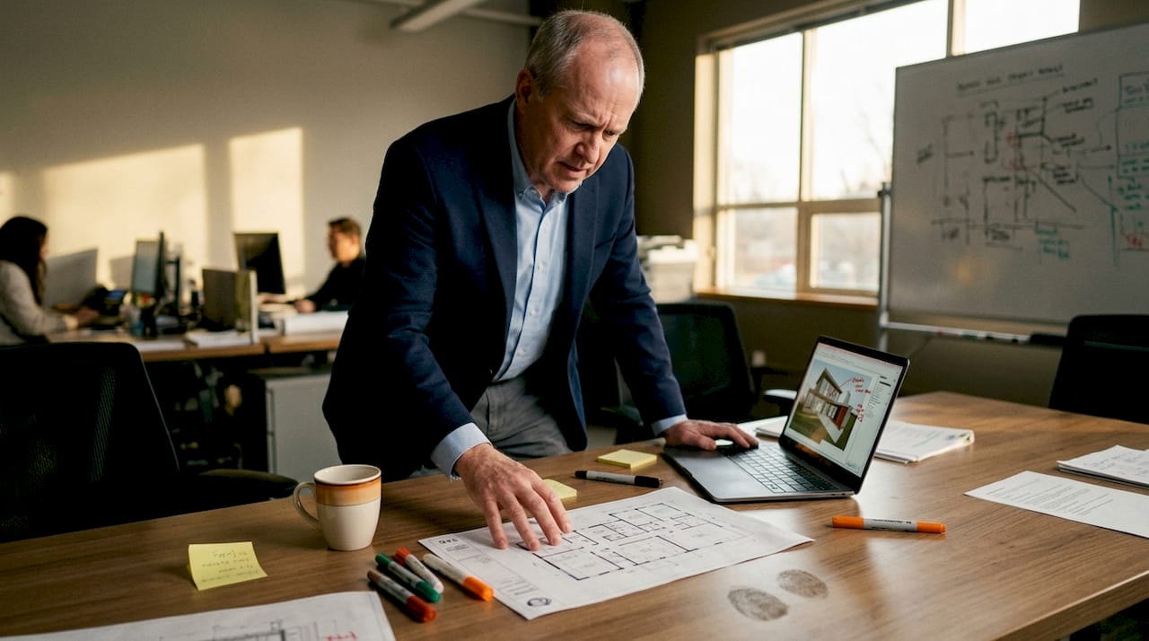 Client puzzling over floor plan at project table