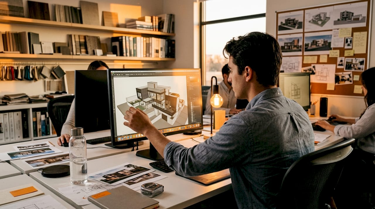 Designer refining 3D model at workstation