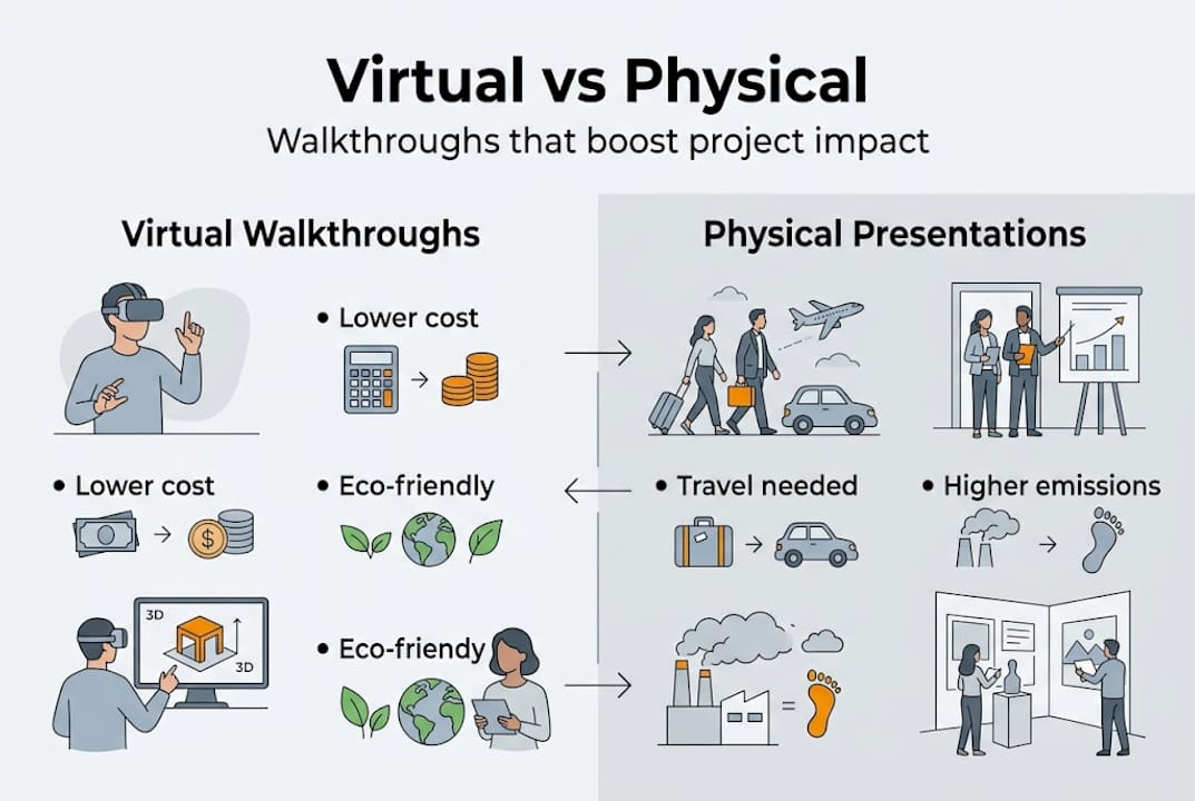 Why choose virtual walkthroughs: boost project impact 2 Infographic comparing virtual and physical presentations