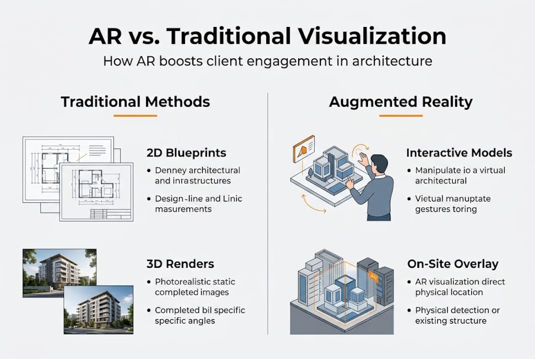AR Transforms Architecture: 85% Better Client Engagement 1 Infographic comparing AR and traditional visualization