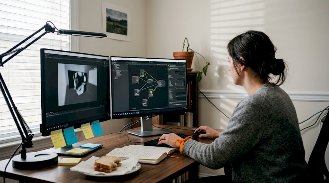 Rendering Pipelines Explained for Architectural Visualization 1 Designer adjusting complex fragment shader nodes