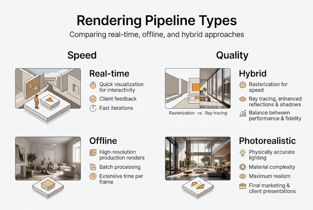 Rendering Pipelines Explained for Architectural Visualization 2 Infographic comparing real-time, offline, hybrid pipelines