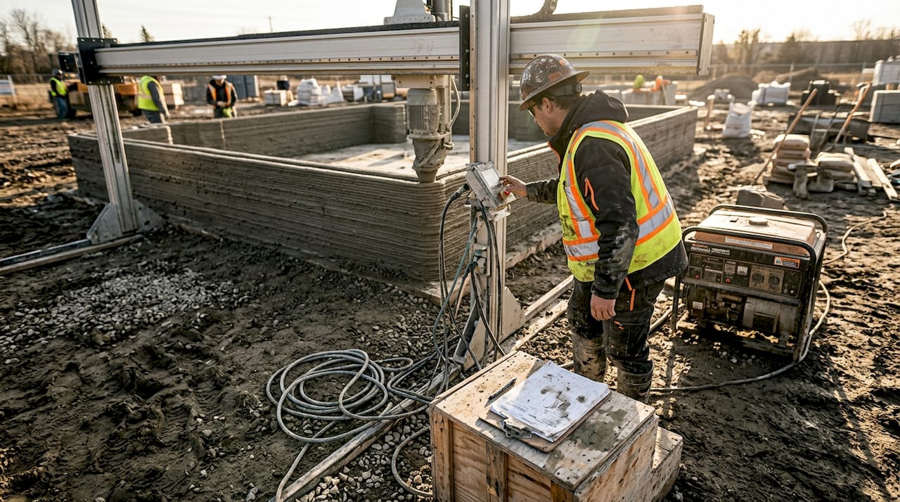 Top 3D Technology Uses in Construction for Smarter Builds 1 Operator overseeing 3D printing of building walls