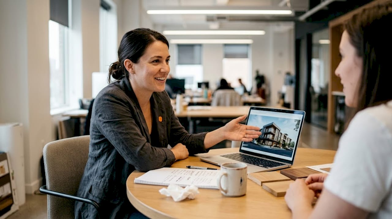 Why photorealism matters: elevate architecture presentations 1 Manager discusses render with colleague in meeting
