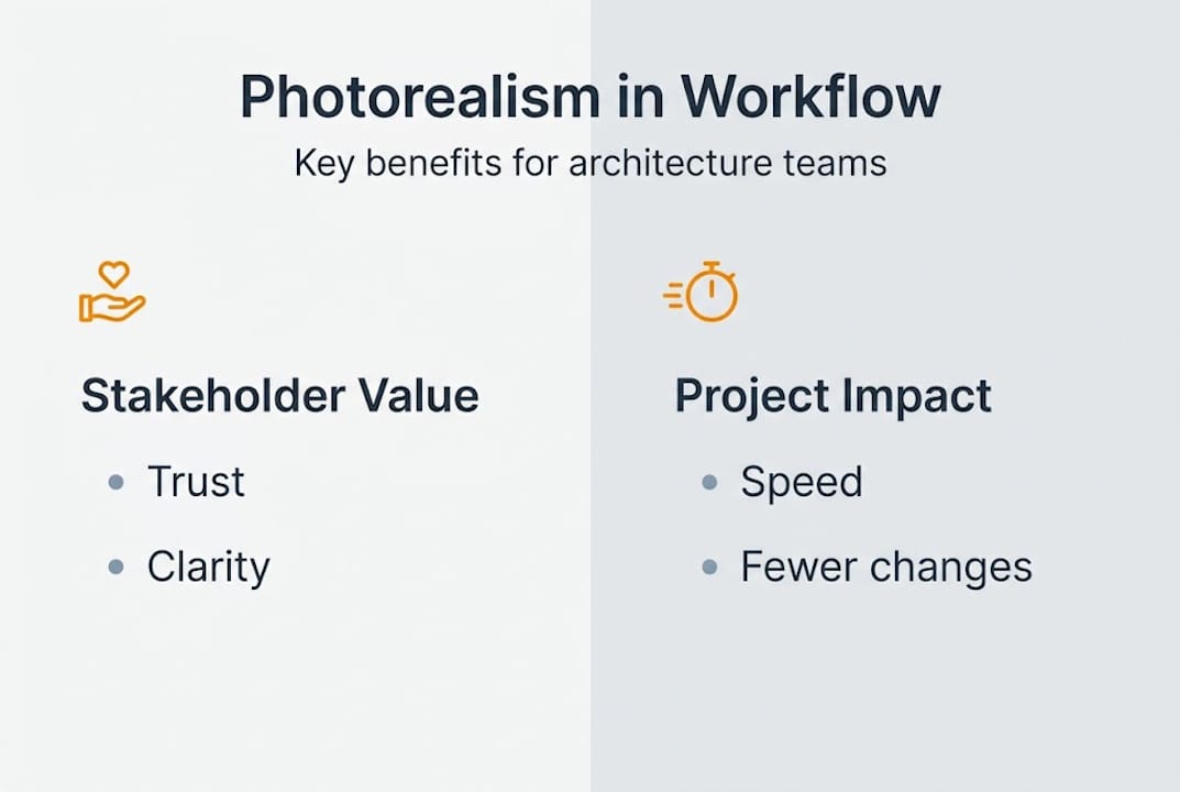 Why photorealism matters: elevate architecture presentations 2 Infographic shows photorealism workflow benefits