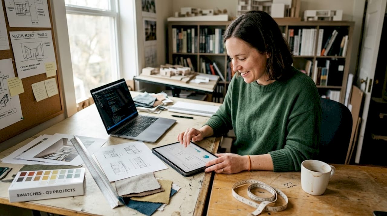 Virtual walkthrough process: 7 steps to stunning presentations 1 Visualizer reviewing tools at studio table