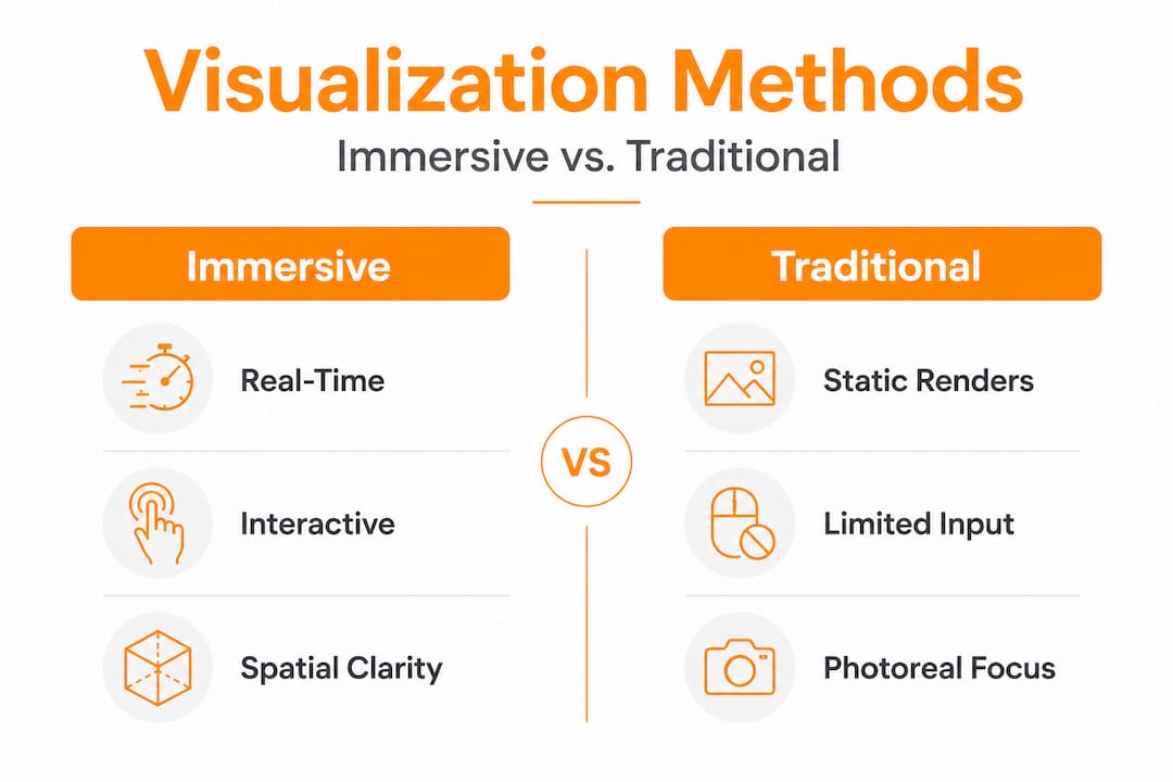 Immersive visualization: Engaging clients and elevating design 2 Infographic comparing immersive and traditional visualization