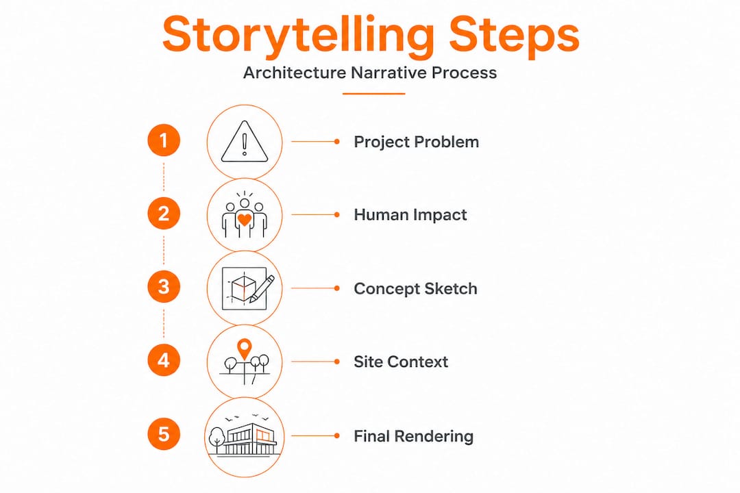 Step-by-step visual storytelling for architecture success 2 Infographic of architecture storytelling process steps