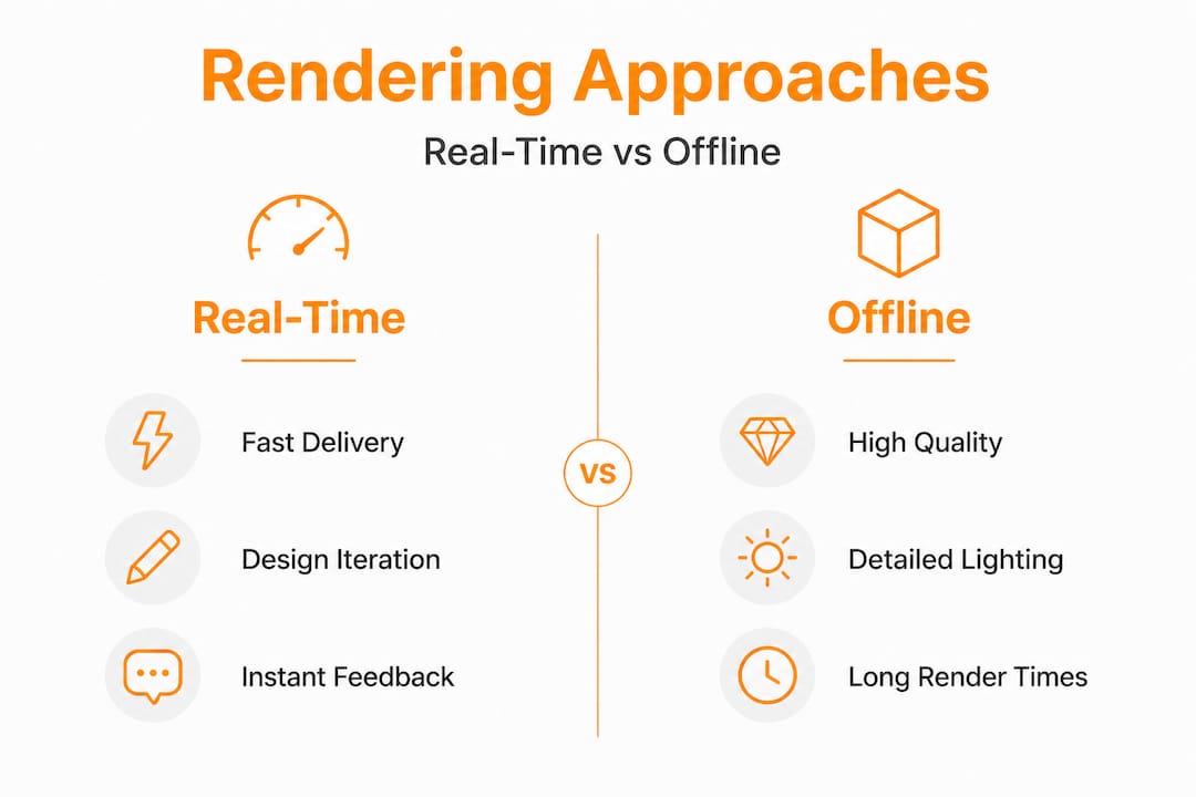 Animation rendering guide for architects and developers 2 Infographic comparing real-time and offline rendering
