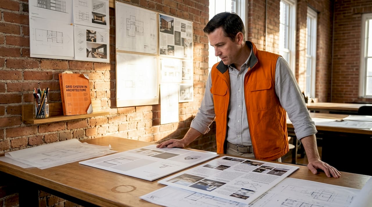 Architect compares layout boards in studio
