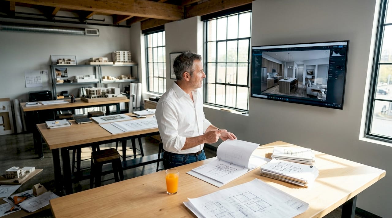 Developer comparing plans and 3D render