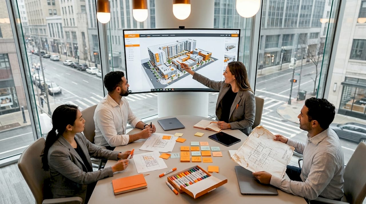 Team reviews architecture project in semi-immersive VR
