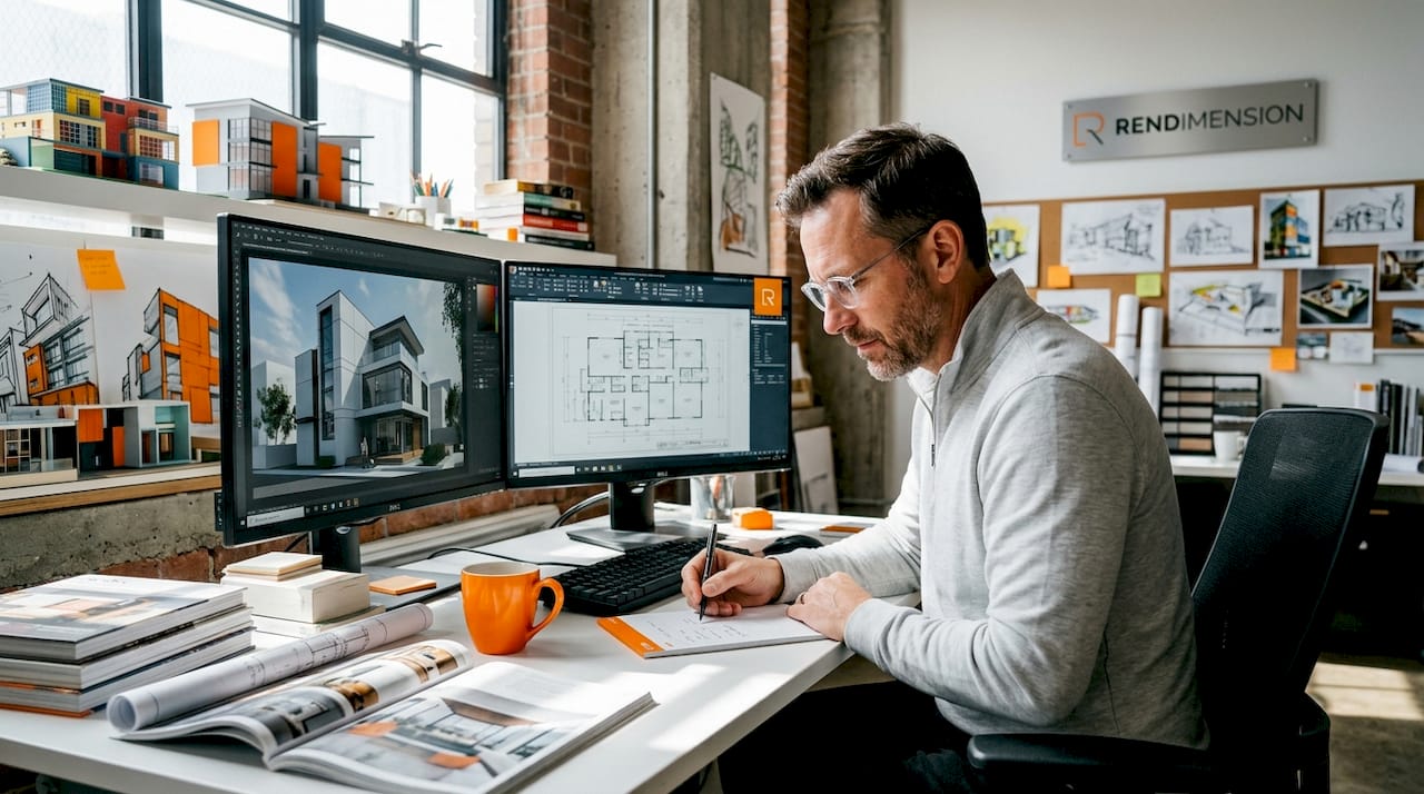 Architect reviewing CGI building visualization
