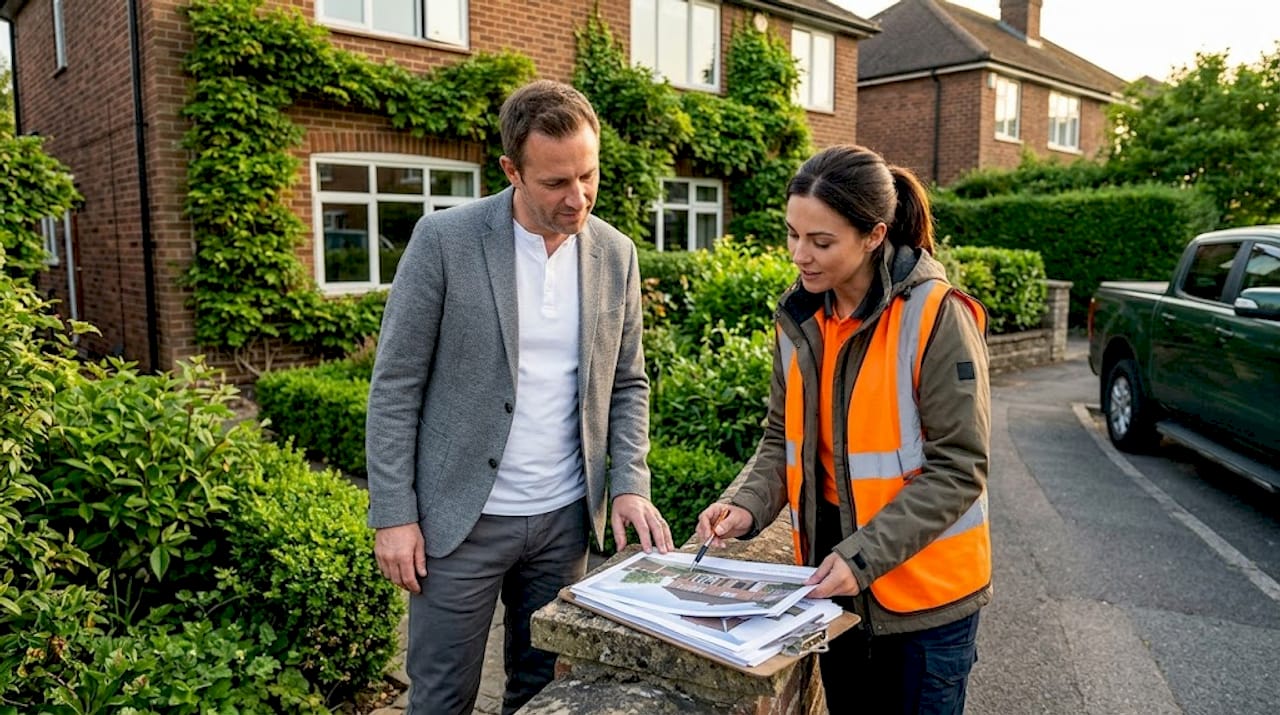 Homeowner and contractor reviewing exterior rendering