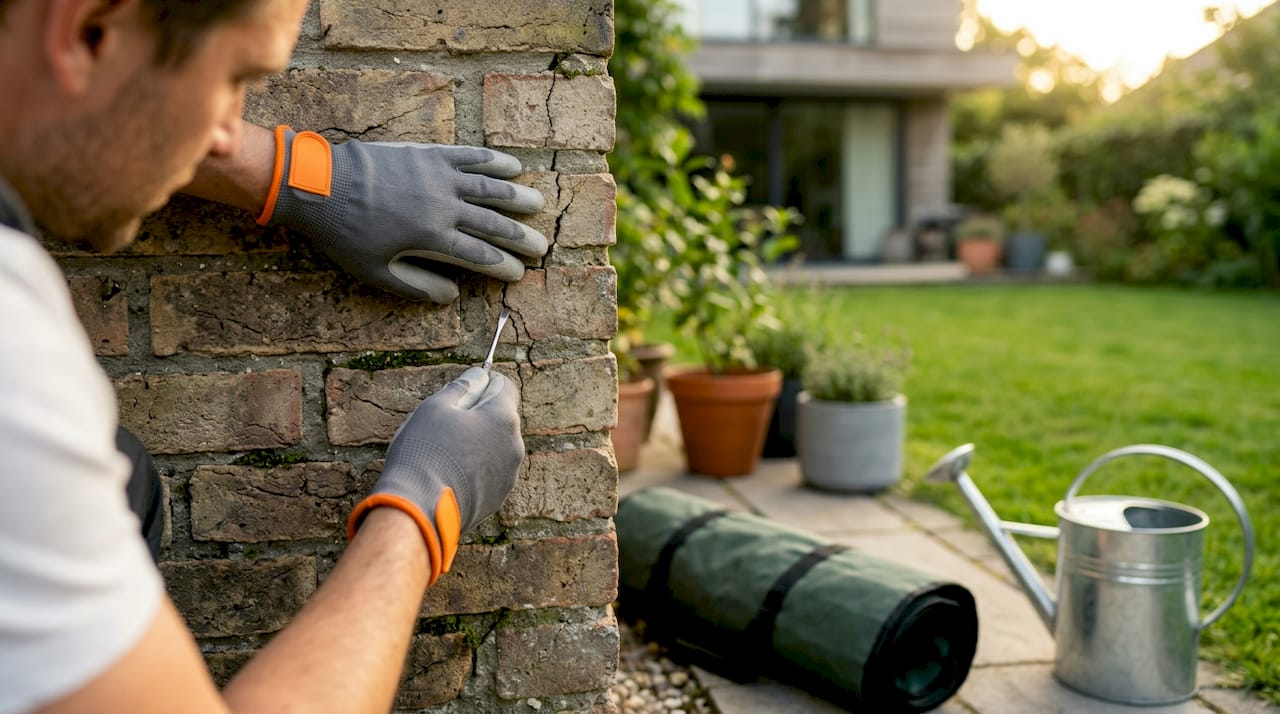 Hands inspecting rendered masonry wall for cracks