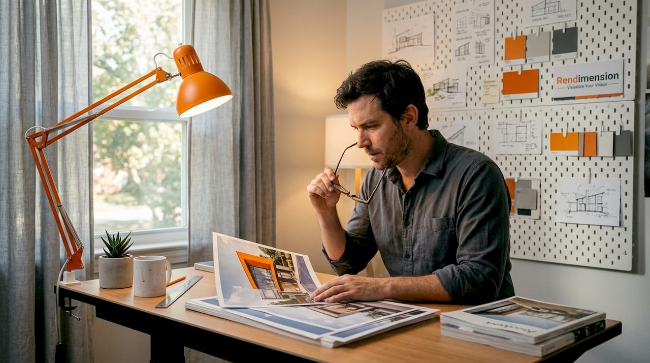 Architect examining architecture render samples