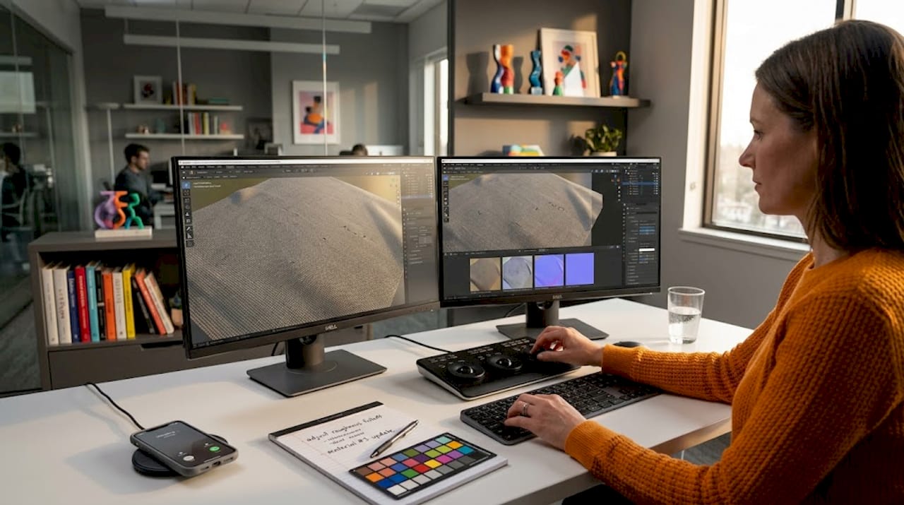 Technical artist reviewing render material tests