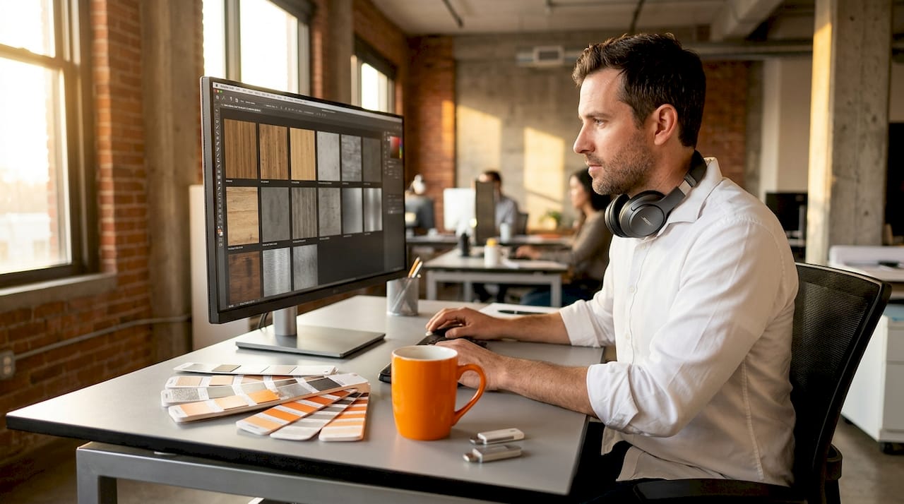 Designer preparing project materials for rendering