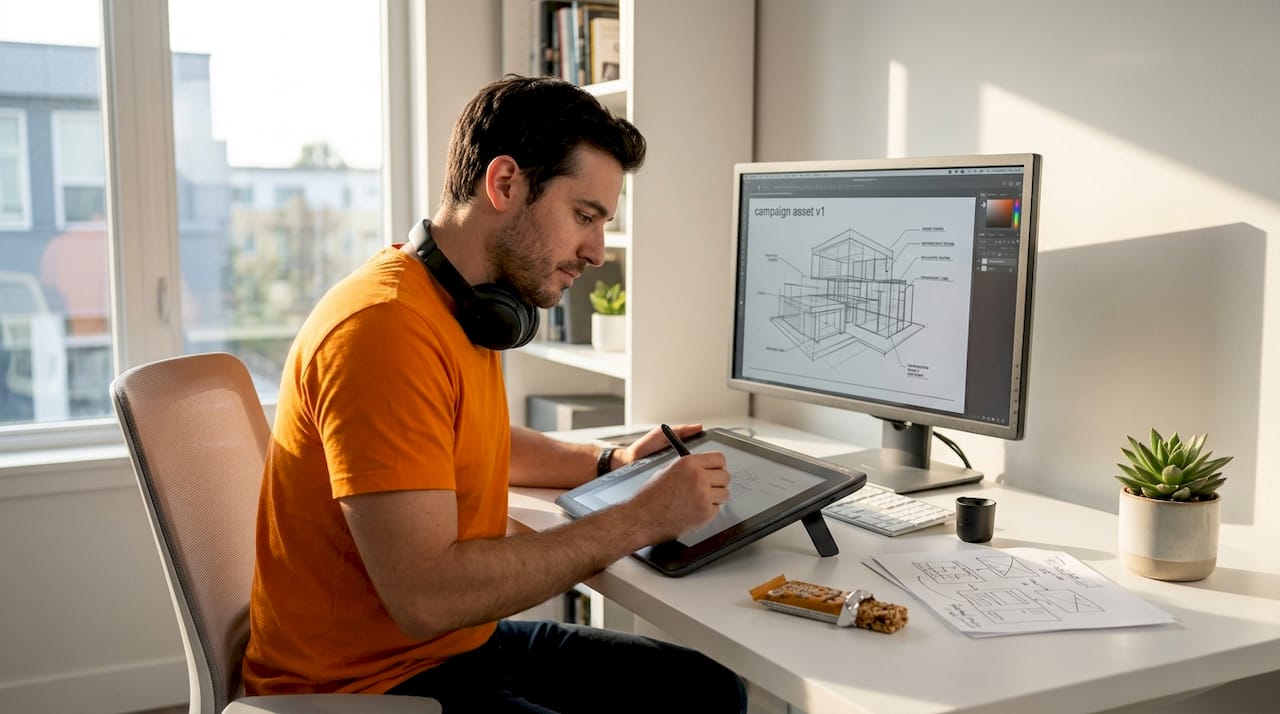 Creative reviews 3D marketing sketches at desk