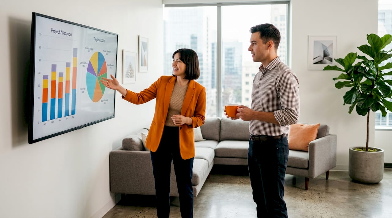 Coworkers reviewing live dashboard charts together