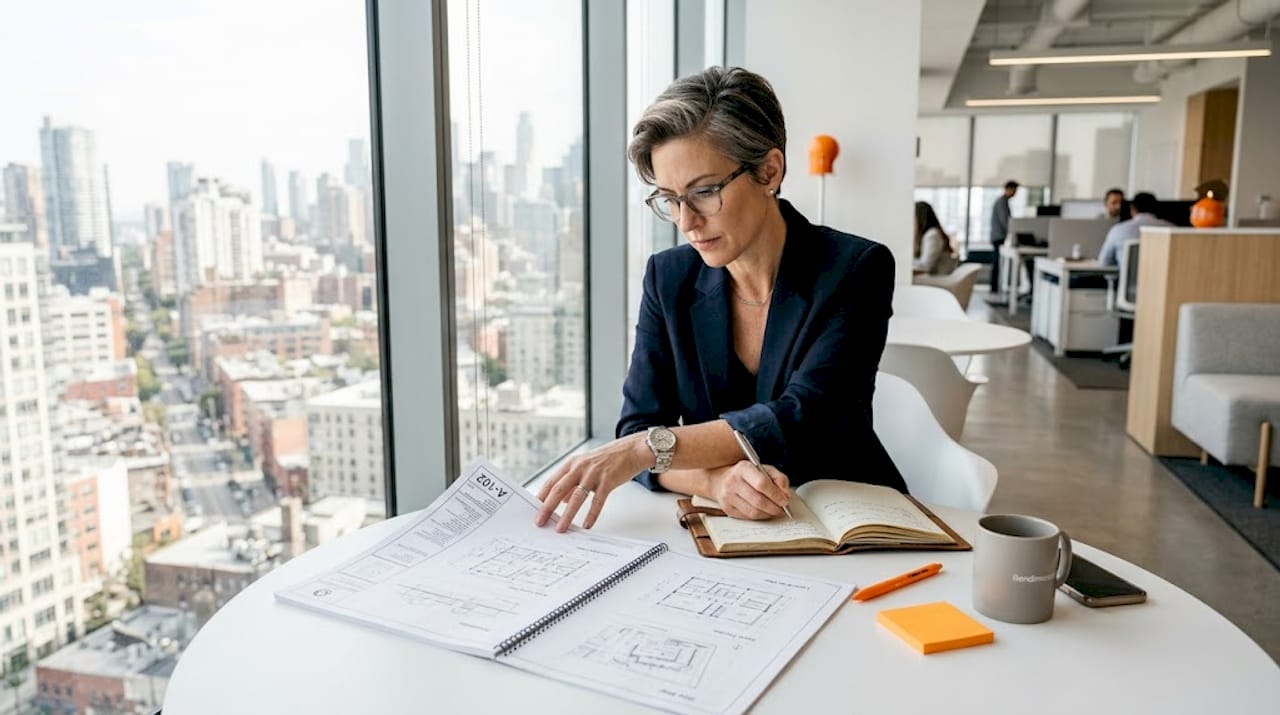 Project manager reviewing floor plans in meeting room