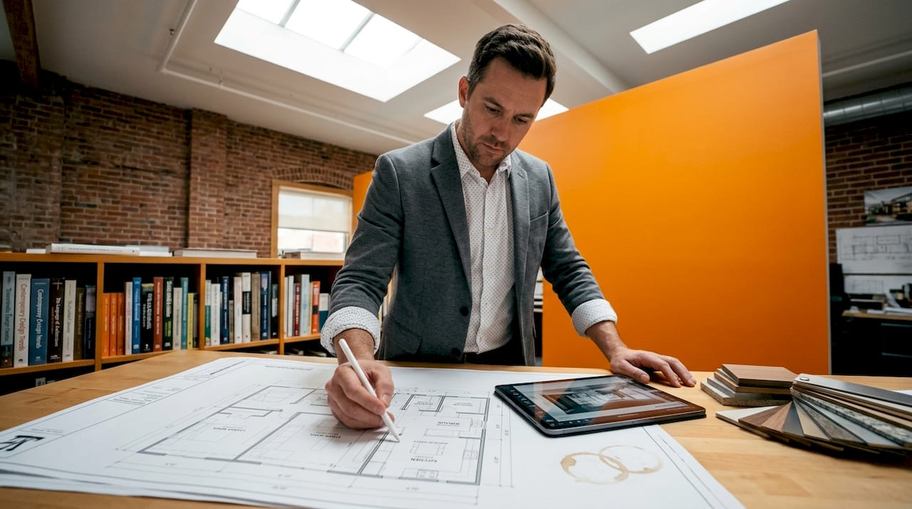 Architect double-checking floor plan at drafting table