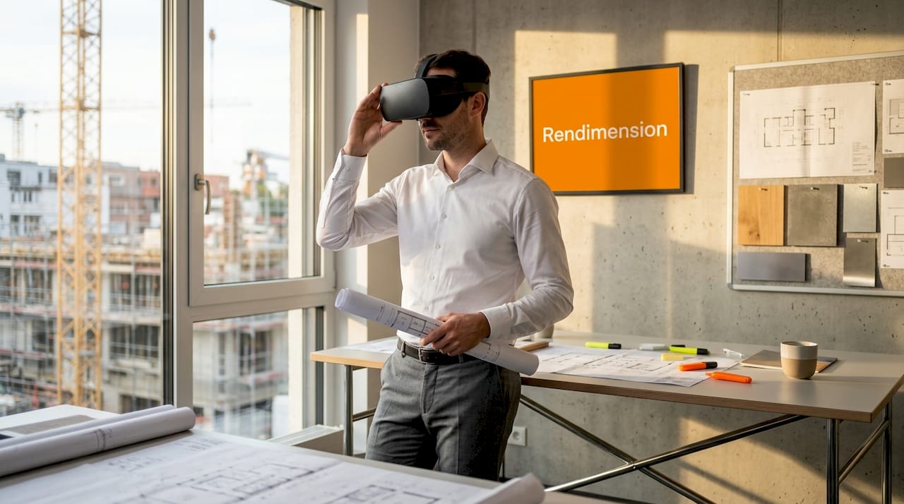 Architect using VR headset over construction blueprints