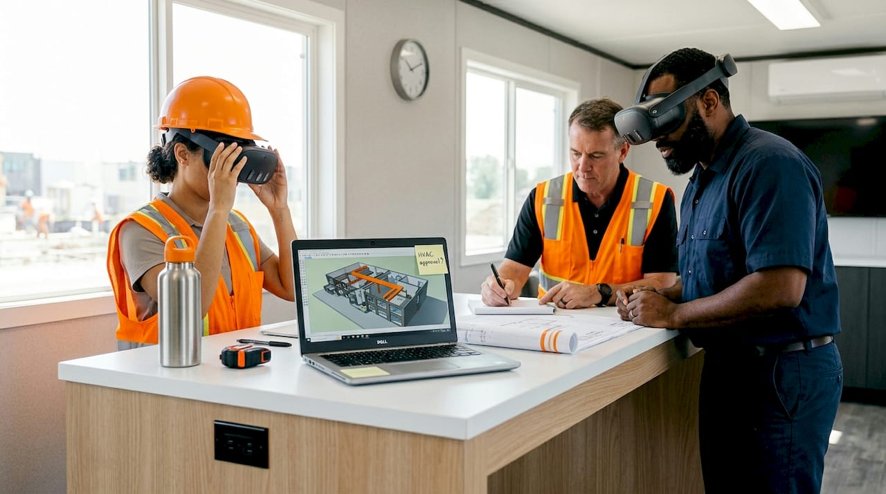 Construction team collaborating with VR headsets