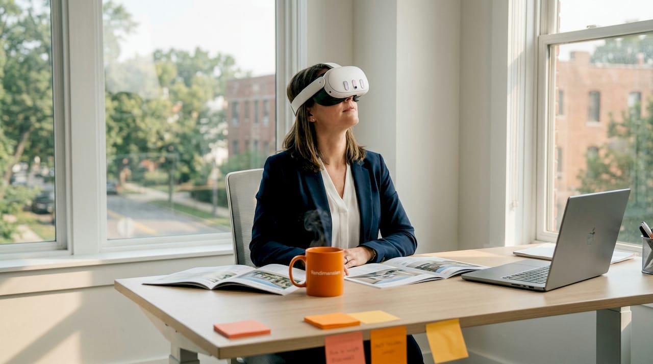 Agent using VR headset in office for property tour