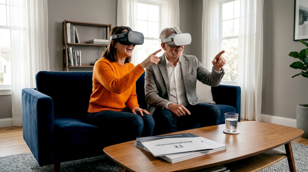 Buyers exploring virtual home tour in living room