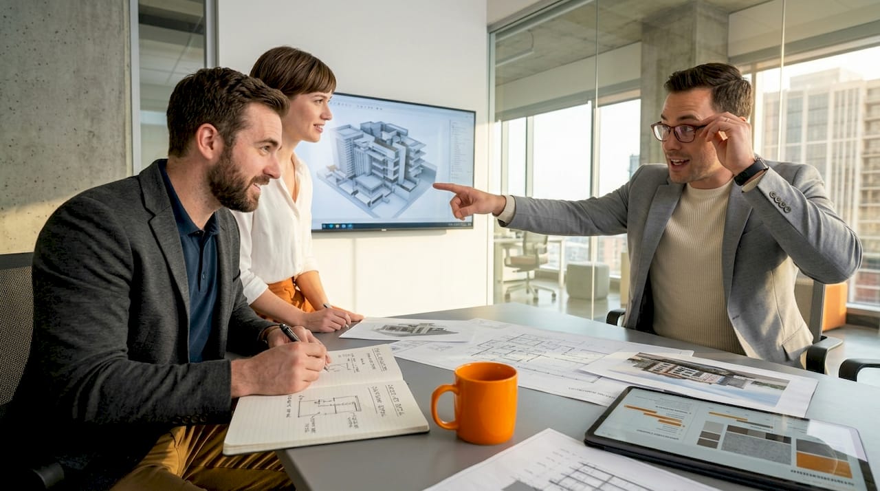 Team reviewing 3D visualization on office monitor