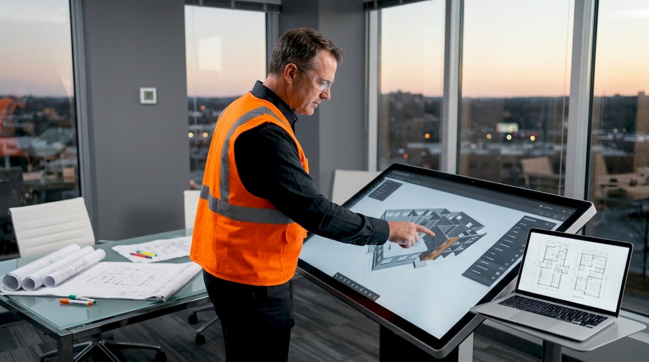 Project manager reviewing 3D building model