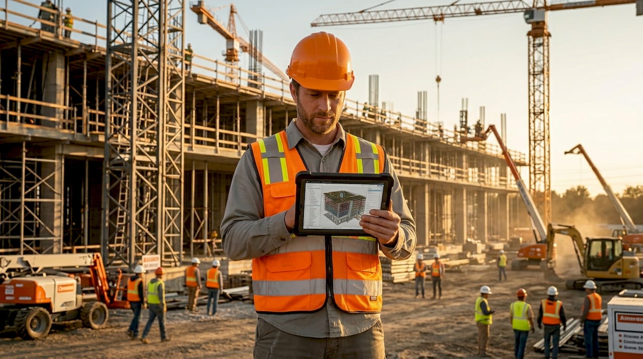 Engineer comparing BIM model and construction site