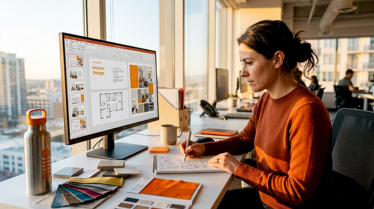 Interior designer reviewing presentation slides
