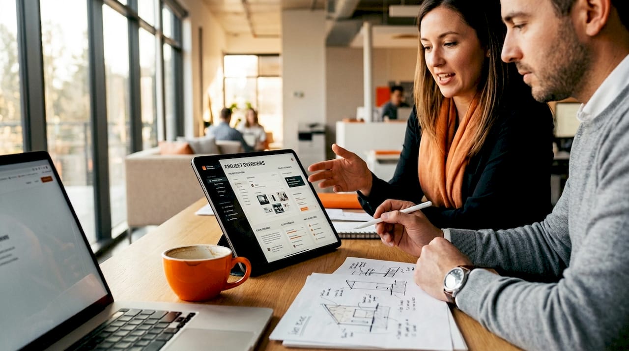 Designers reviewing client portal tablet